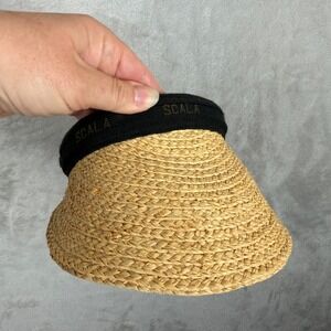 Scala Collezione Women Straw Sun Visor Natural Fiber Tan Black Wide Brim Hat